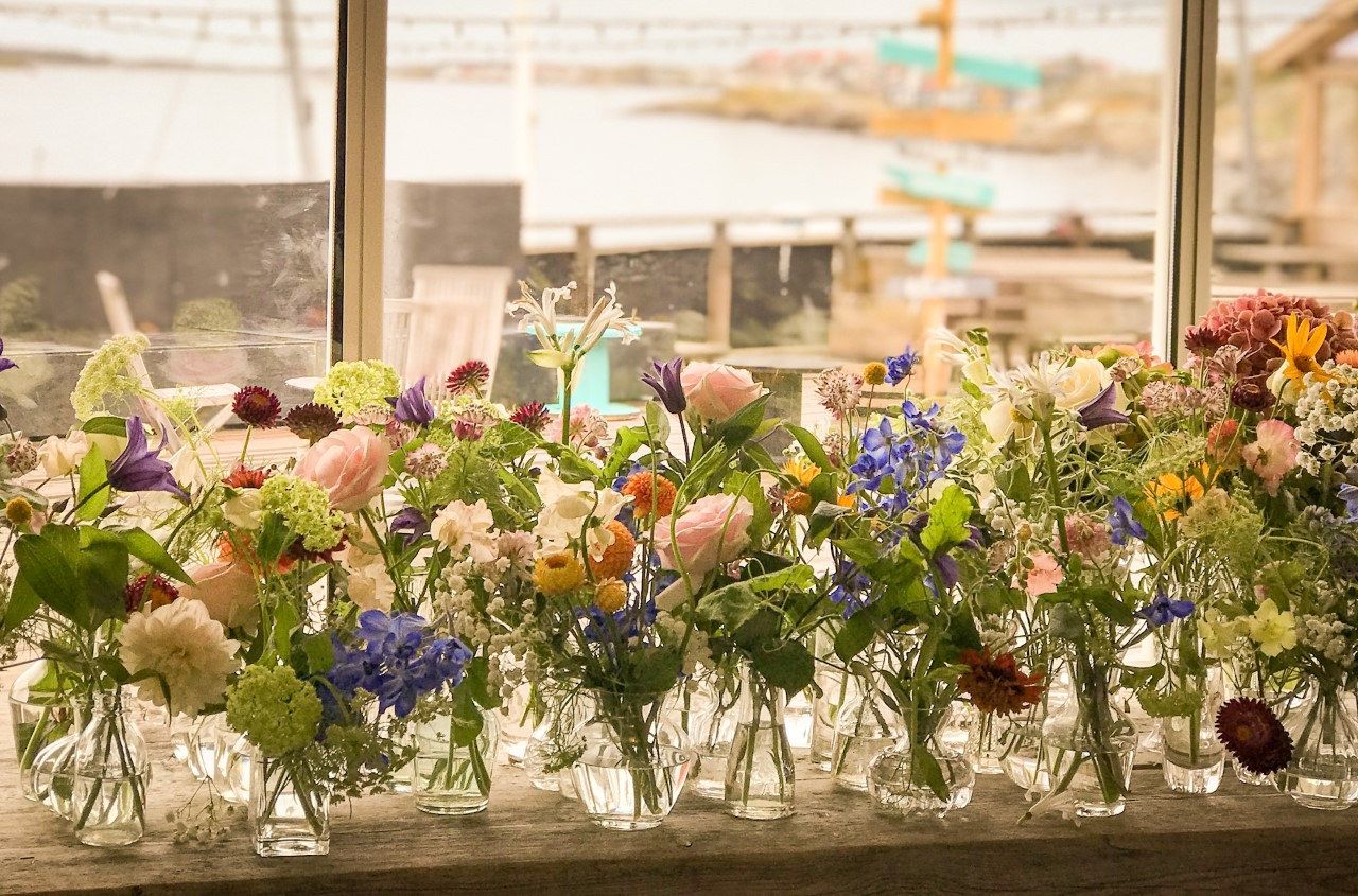 Rad av vaser med sommarblommor i fönster